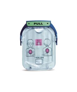 Närbild på en vit kassett med blått handtag som innehåller två elektroder, med tydlig bild på vart man sätter de. Till modellen HS1 Barn