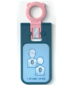 Blå sticka med bild som visar var elektroderna placeras på ett barn. En rosa ring markerar att det är en barnvariant.