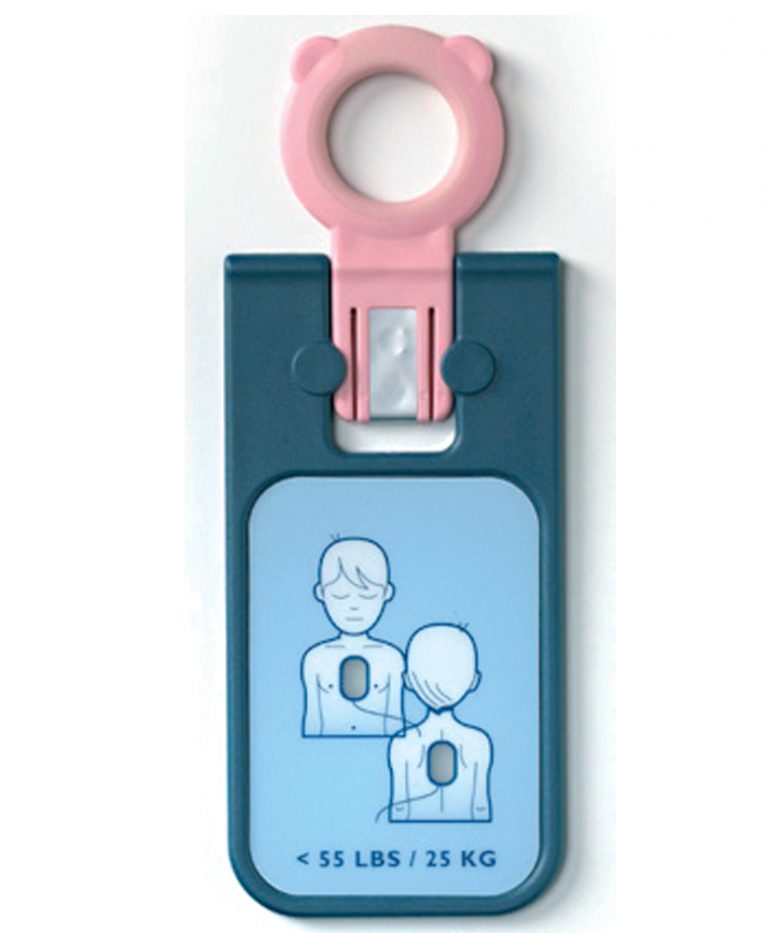 Blå sticka med bild som visar var elektroderna placeras på ett barn. En rosa ring markerar att det är en barnvariant.