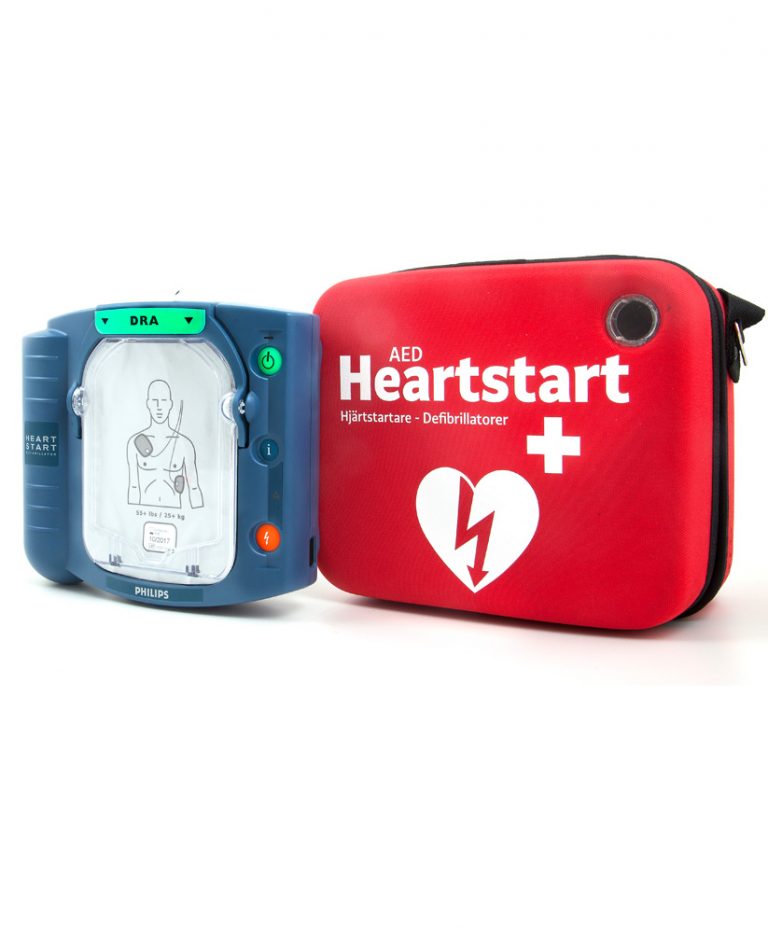 Närbild av Philips HeartStart HS1, en blåturkos hjärtstartare med symboler och knappar på vit bakgrund, förberedd för att ge livräddande behandling.