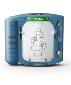 Närbild av Philips HeartStart HS1, en blåturkos hjärtstartare med symboler och knappar på vit bakgrund, förberedd för att ge livräddande behandling.